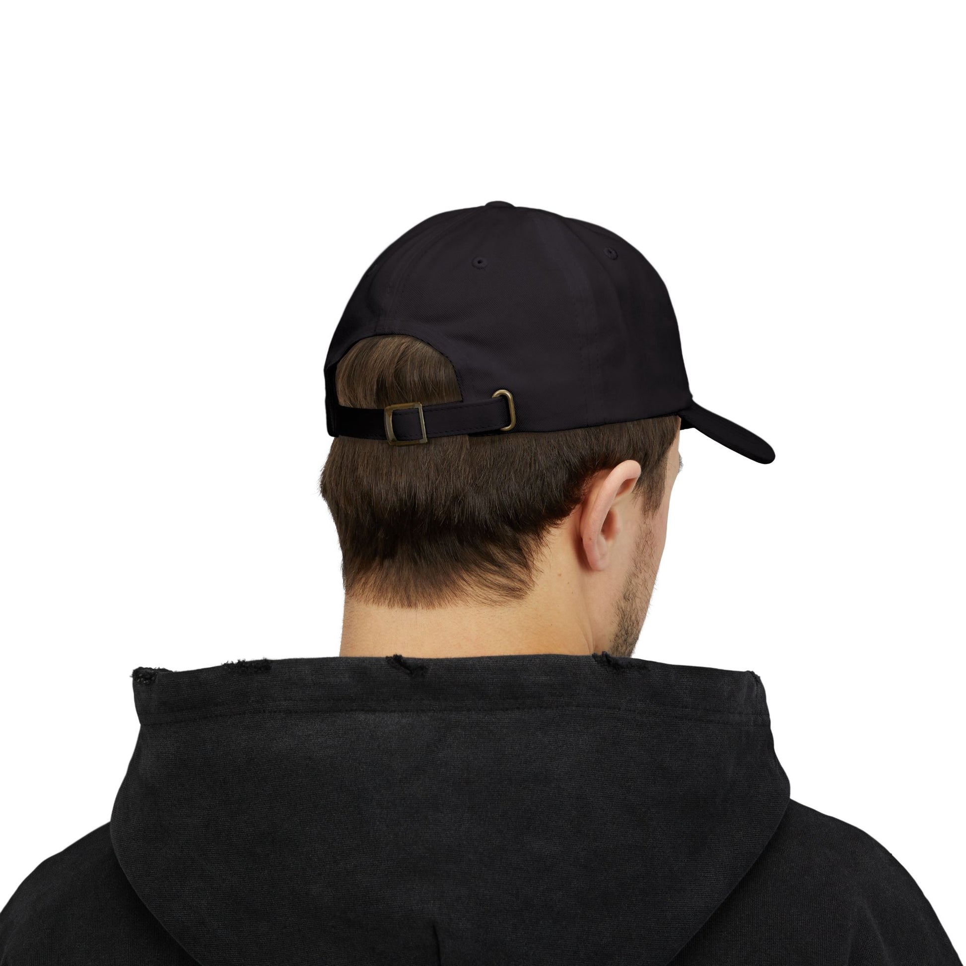 Back view of unisex black Epic Loot hat with curved brim and strap