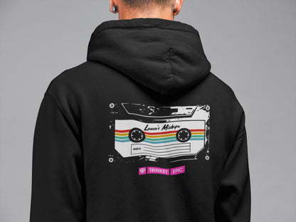 Black Arc Raiders Mixtape hoodie shown on model featuring full cassette artwork on back