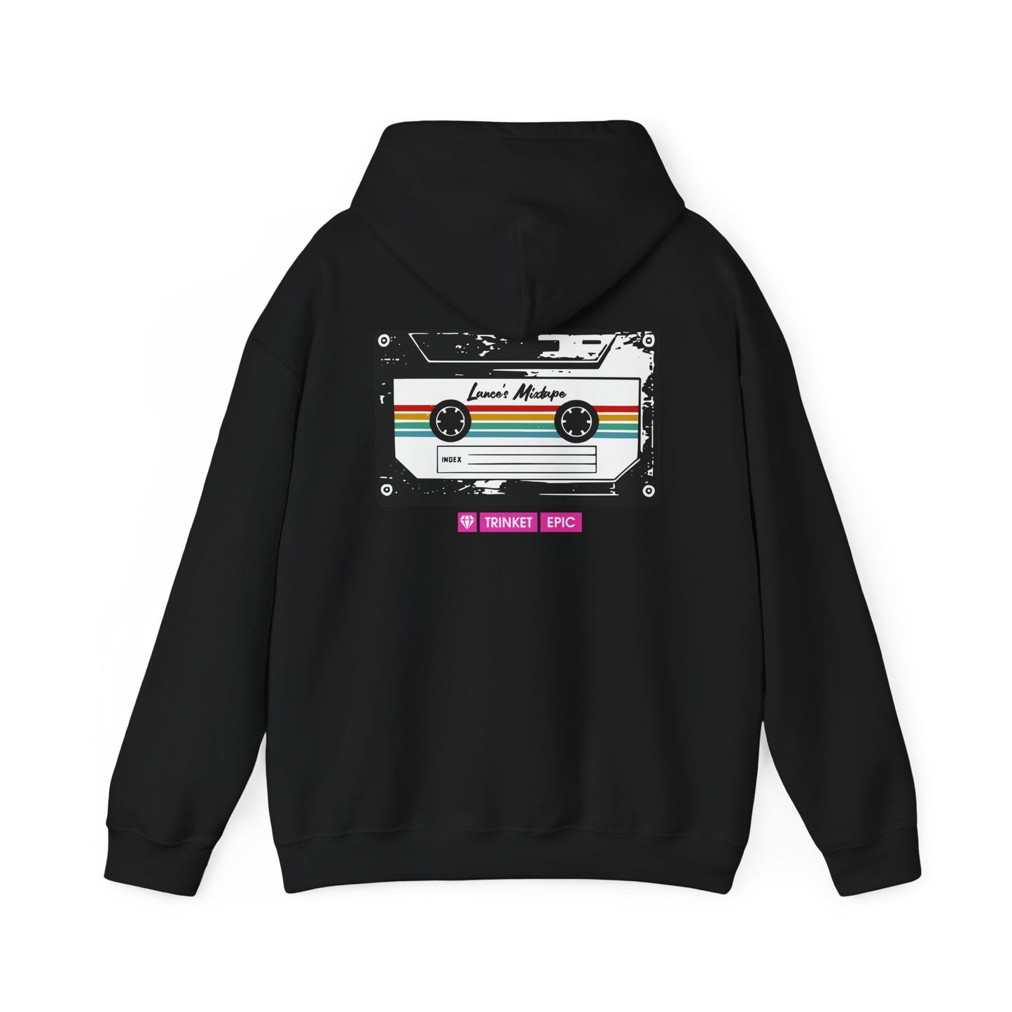 High-resolution close-up of mixtape cassette graphic on black hoodie