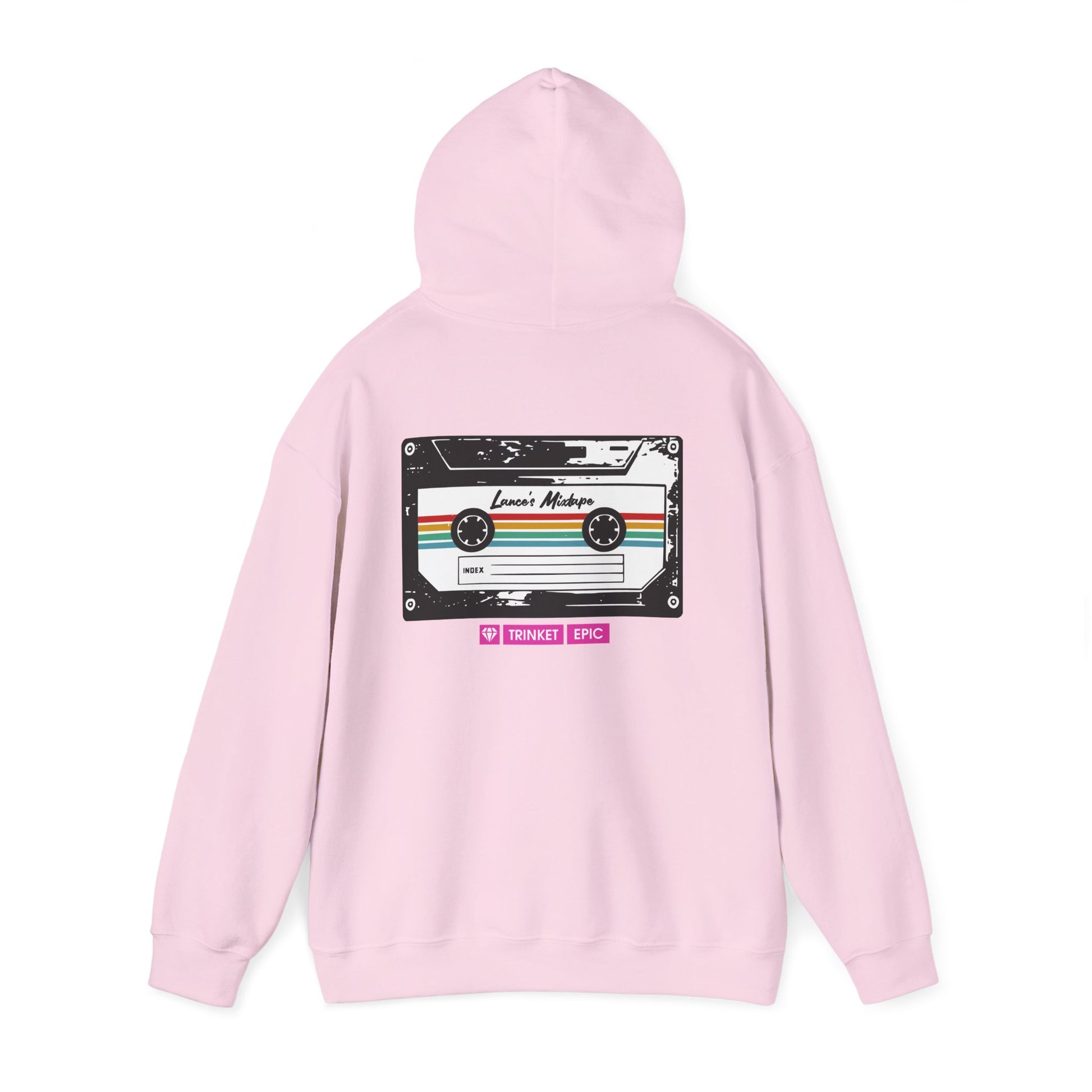 Unisex pink hoodie with detailed cassette artwork printed on the back
