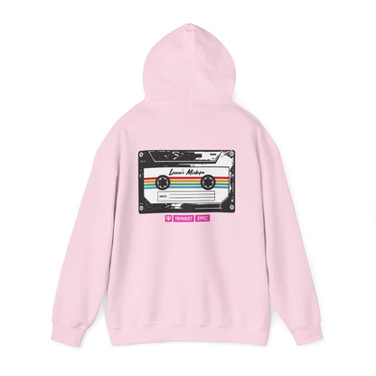Unisex pink hoodie with detailed cassette artwork printed on the back