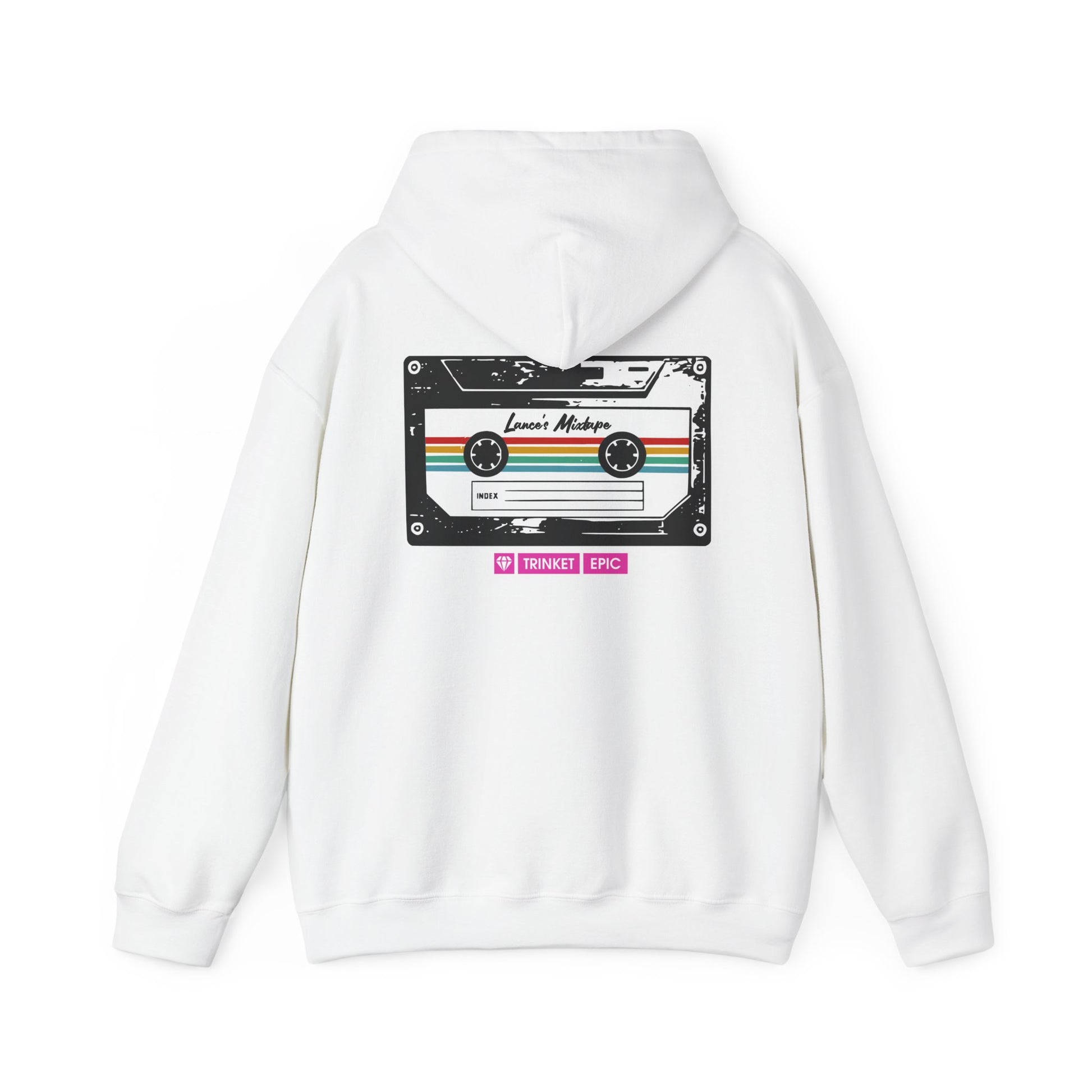 Unisex white hoodie showing detailed cassette artwork on back