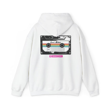 Unisex white hoodie showing detailed cassette artwork on back
