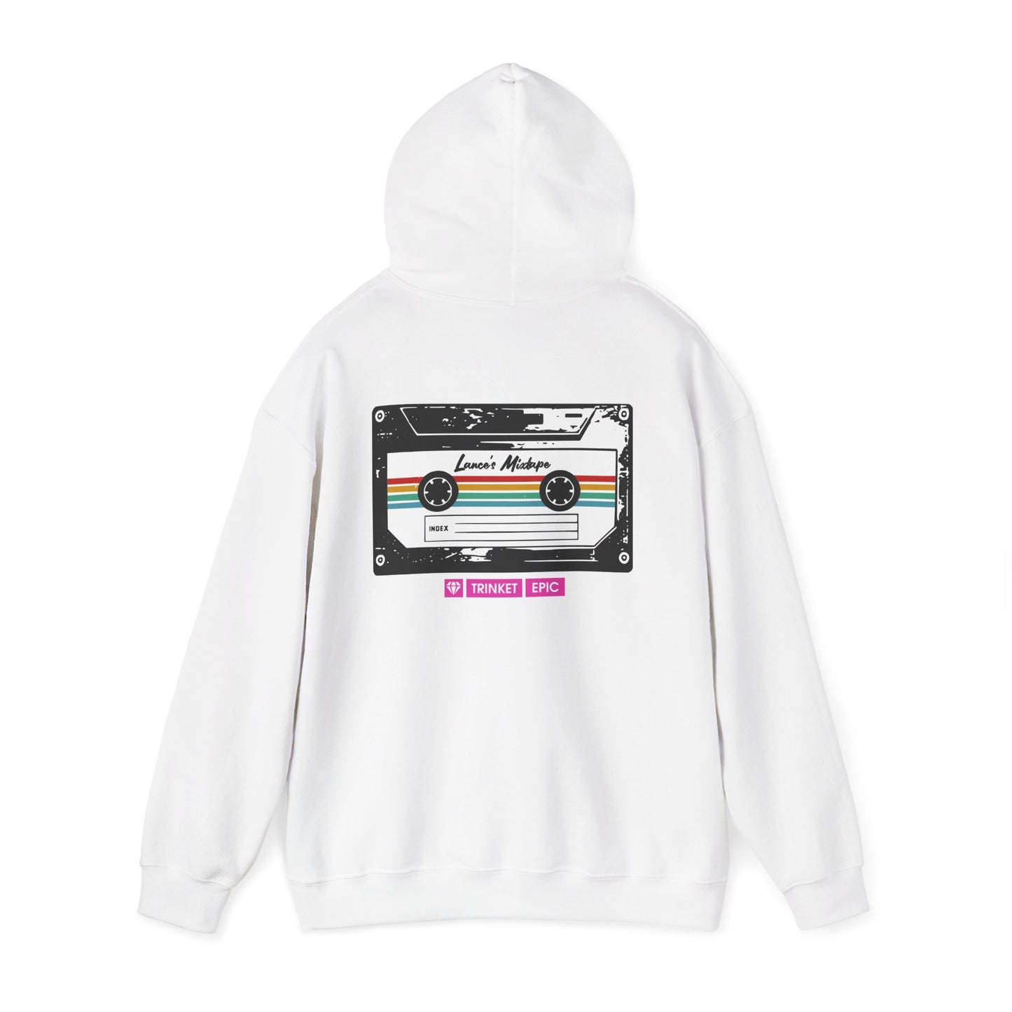 Back print mockup of white Arc Raiders hoodie featuring mixtape cassette graphic