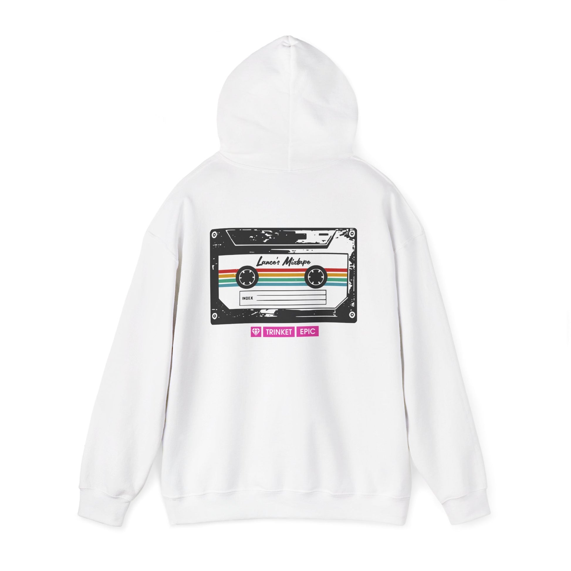 Back print mockup of white Arc Raiders hoodie featuring mixtape cassette graphic