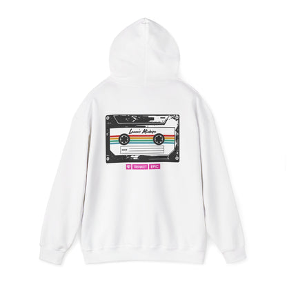 Back print mockup of white Arc Raiders hoodie featuring mixtape cassette graphic