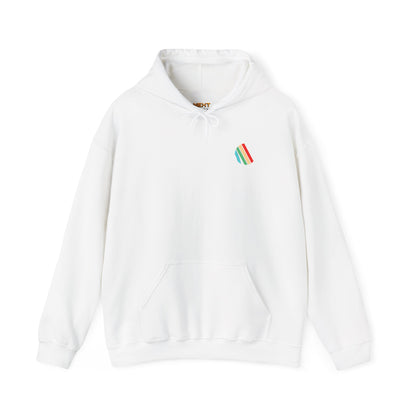Arc Raiders logo graphic hoodie with front emblem print on white unisex hoodie