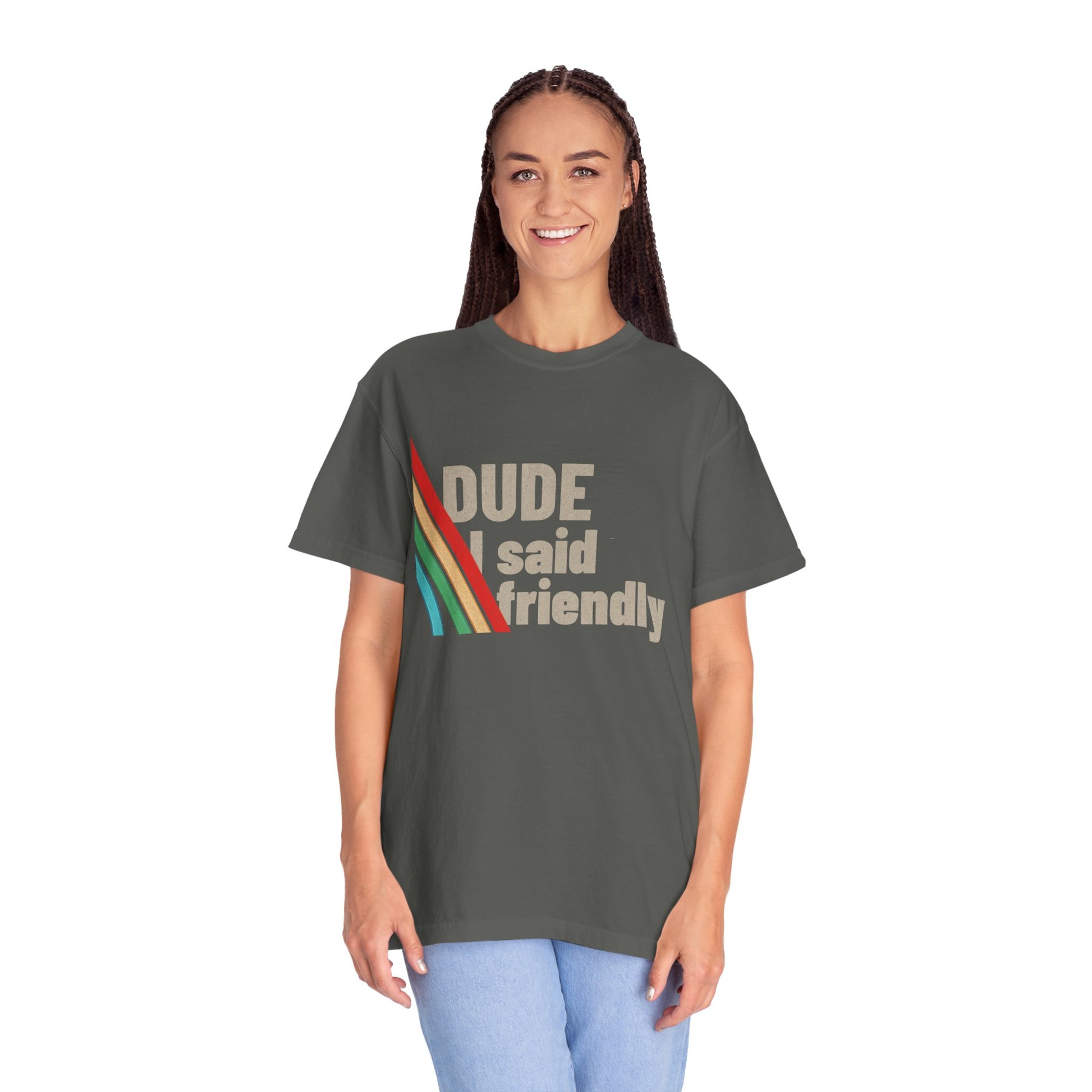 Lifestyle mockup of pepper gray “Dude I Said Friendly” Arc Raiders shirt on model