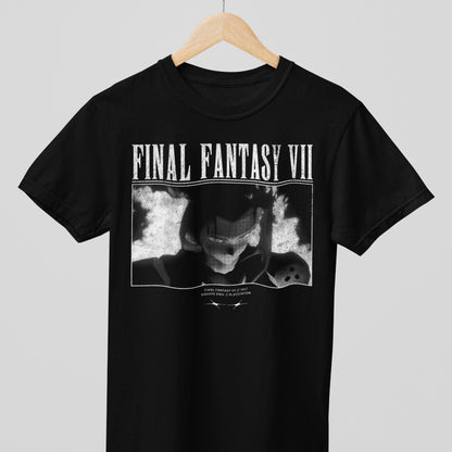 Final Fantasy VII Sephiroth Nibelheim scene black retro t-shirt front view distressed graphic
