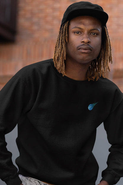 Stained glass style Final Fantasy meteor logo on a black sweater.